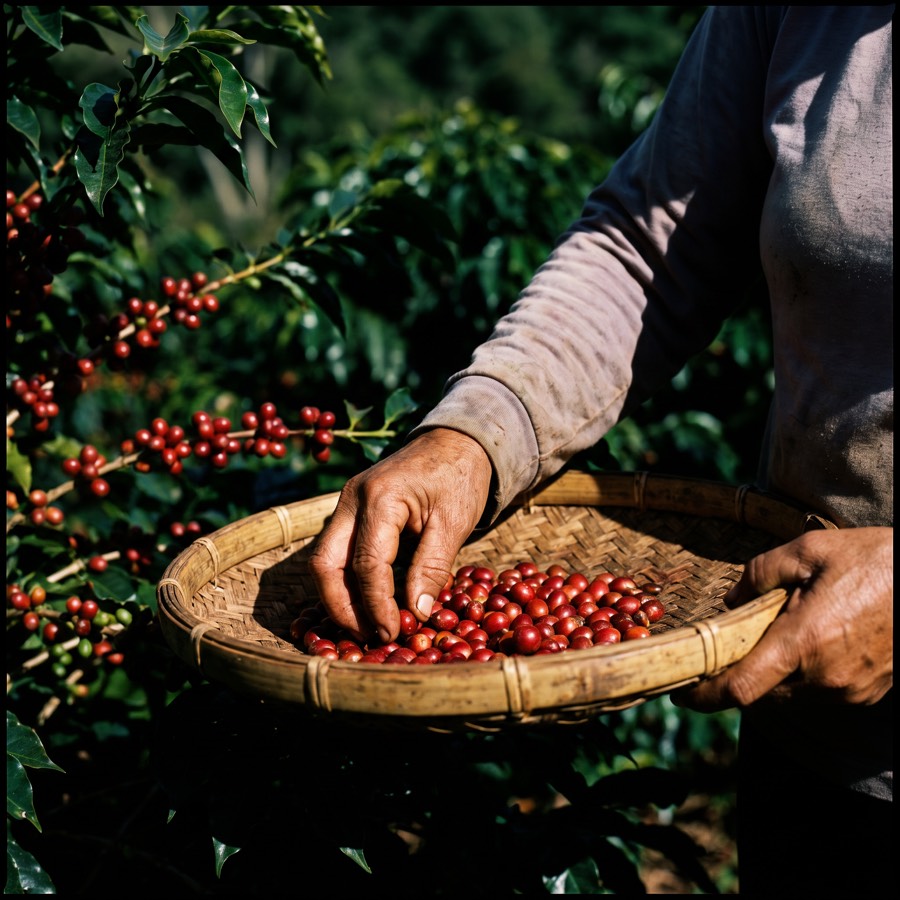 Trabalhadora rural colhendo grãos de café maduros na peneira de bambu