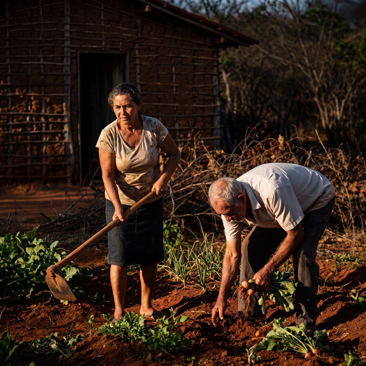 Casal de agricultores trabalhando junto na horta em frente à casa de roça, no fim da tarde