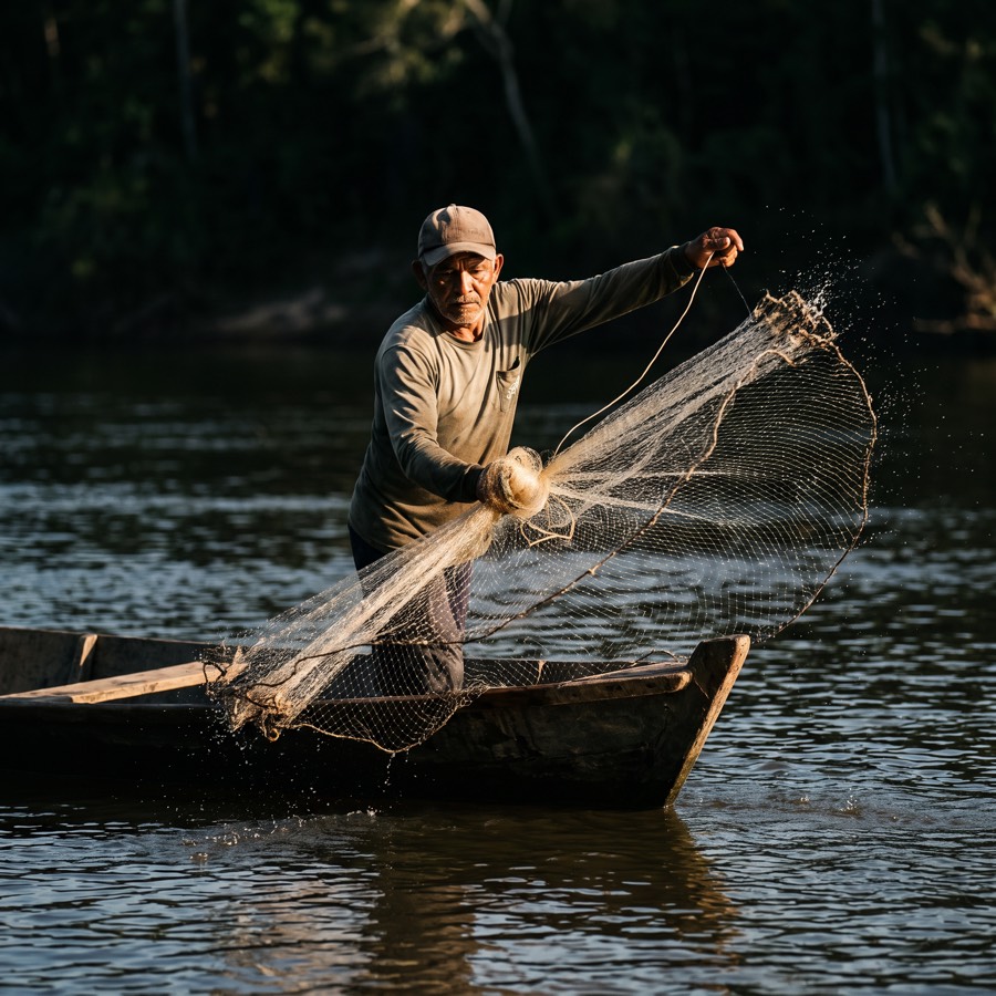 Pescador artesanal lançando a rede de uma canoa de madeira no rio